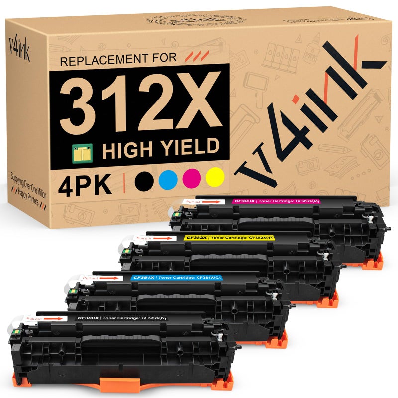 v4ink 4PK Remanufactured Toner Cartridge Replacement for HP 312X 312A CF380X CF381A CF382A CF383A CF380A Toner Cartridge High Yield Color Set for HP Pro MFP M476nw M476dn M476dw M476 Printer - Image 1